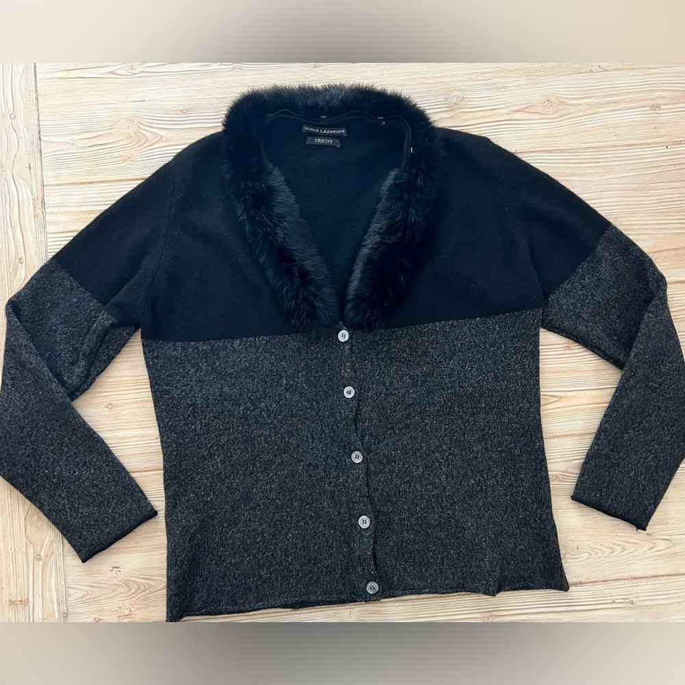 VTG Sonia Lazaroff Tricot Wool Cashmere Cardigan w/ Faux Fur Collar M